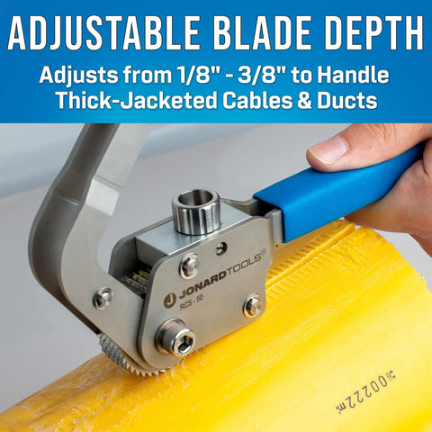 Submariner Cable Jacket Slitter with adjustable blade cutting yellow HDPE cable, highlighting stainless steel construction and ratcheting jaws for large fiber ducts and heavy duty telephone cables up to one and a half inch diameter.