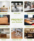 Various table and desk setups with 'Protect your Desktop' message, highlighting usage for Clear 14 By 24 Inch Table Cover Protector With 1.5mm Thick Vinyl Desk Mat Shields Your Table From Scratches, Spills, Stains, And Everyday Wear, Keeps Desks Looking Fresh And Ready For Action.