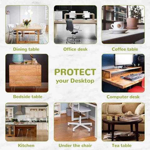 Various table and desk setups with 'Protect your Desktop' message, highlighting usage for Clear 14 By 24 Inch Table Cover Protector With 1.5mm Thick Vinyl Desk Mat Shields Your Table From Scratches, Spills, Stains, And Everyday Wear, Keeps Desks Looking Fresh And Ready For Action.