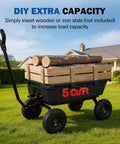 Heavy Duty Poly Garden Dump Cart With 900 Pound Capacity, 5 Cu Ft Bed loaded with logs, featuring pneumatic wheels on grass