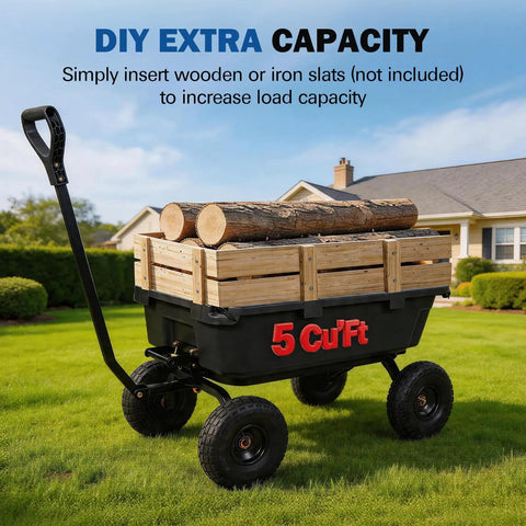 Heavy Duty Poly Garden Dump Cart With 900 Pound Capacity, 5 Cu Ft Bed loaded with logs, featuring pneumatic wheels on grass