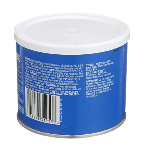 Back view of blue 14 oz water resistant marine grease in aluminum complex formula for boats and marine equipment.