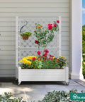 Raised Garden Bed On Wheels With Trellis For Climbing Plants, Weatherproof Resin Planter Box With Drain Plug And Water Level Monitor, Elevated Outdoor Garden Bed, 43.3 X 17.7 X 61 In, White
