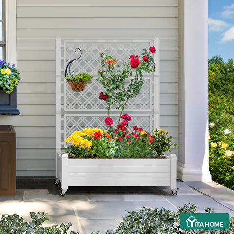 Raised Garden Bed On Wheels With Trellis For Climbing Plants, Weatherproof Resin Planter Box With Drain Plug And Water Level Monitor, Elevated Outdoor Garden Bed, 43.3 X 17.7 X 61 In, White
