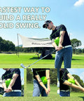 Golfer using Connector Golf Training Aid For Swing Improvement And Posture Correction, Arm Body Coordination Drill in sunny field