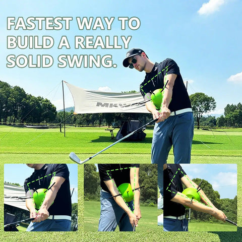 Golfer using Connector Golf Training Aid For Swing Improvement And Posture Correction, Arm Body Coordination Drill in sunny field