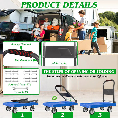 Beefy Heavy Duty Foldable Platform Cart With 880 Lb Capacity And 360 Degree Swivel Wheels featuring handrail details