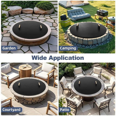 Round 38 Inch Fire Pit Lid Cover With Wooden Handles For Patio Fire Pits Heavy Duty Rust Resistant 1.5mm Metal Lid All Season Protection Outdoor Fire Pit Accessory on garden, camping, courtyard, patio settings