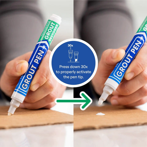 Grout Pen Tile Marker For Waterproof Grout Paint And Sealer in Winter Grey being pressed to activate on cardboard