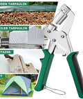 Beast Mode Grommet Tool Kit With 3/8 Inch Eyelets, heavy duty metal grommet press, applications shown on tarp, curtain, tent
