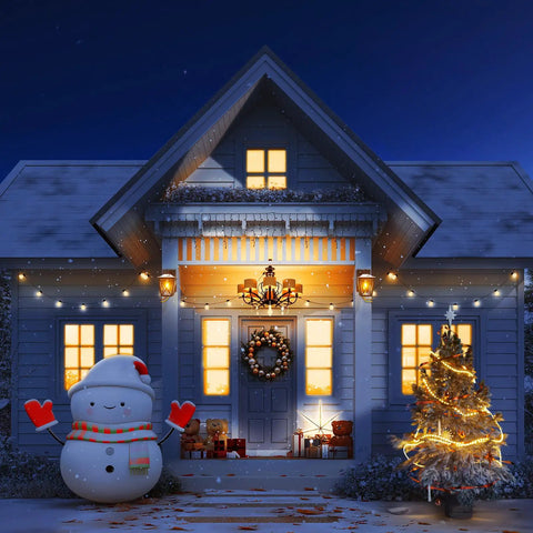 Cozy house with holiday decorations, featuring Dusk To Dawn Porch Light With Built In GFCI Outlet Black Outdoor Wall Sconce.