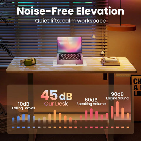 Compact 32 Inch Electric Standing Desk With Four Memory Height Settings For Home Office And Computer Workstation In Light Walnut Finish, showing noise-free elevation and sound levels.
