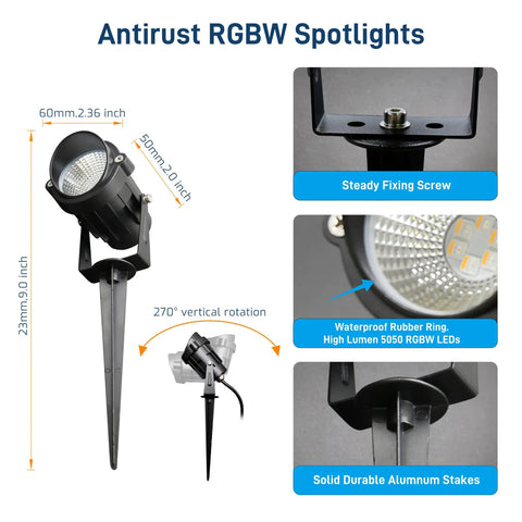 12W RGBW Low Voltage Outdoor Landscape Lights With Remote For Trees, Pathways, Yards And Patios, Color Changing Spotlights Detail