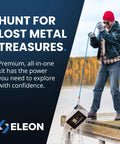 Magnet fishing kit in use: man lifts metal box from lake with blue rope; dock and ELEON logo visible.