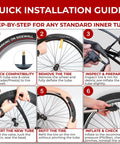 Quick installation guide for two 26 inch bike inner tubes with Schrader valve for 26x1.75 to 2.125 tires, step-by-step images