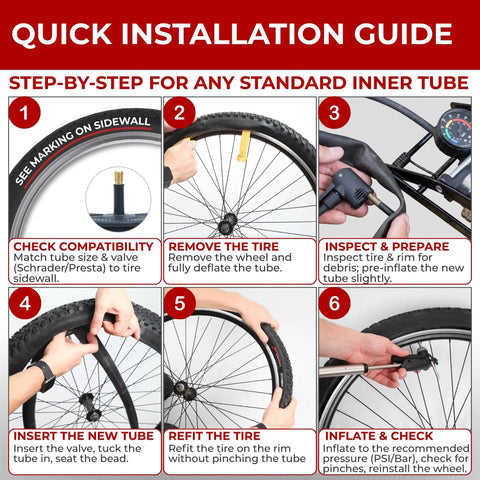Quick installation guide for two 26 inch bike inner tubes with Schrader valve for 26x1.75 to 2.125 tires, step-by-step images