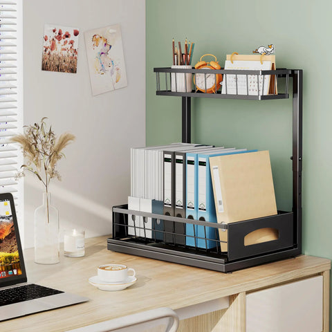 No Sweat Heavy Duty Under Sink Organizer Two Pack L Shaped Metal Pull Out Drawers For Kitchen Cabinets built to fit pipes on office desk.