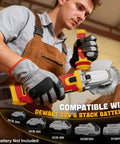 Man using Flathead Angle Grinder For Tight Spaces With DeWalt 20V Battery Compatibility, showing tool in woodwork setting