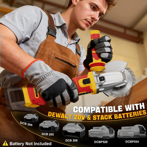 Man using Flathead Angle Grinder For Tight Spaces With DeWalt 20V Battery Compatibility, showing tool in woodwork setting