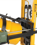 Heavy Duty Steel Drum Lifter Rotator Transporter rugged design with a yellow 55 gallon barrel and locking mechanisms.