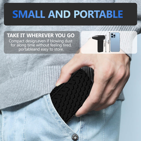 Person placing small Powerful Compressed Air Duster Electric Blower With 3 Speed Settings And Fast Charging into pocket
