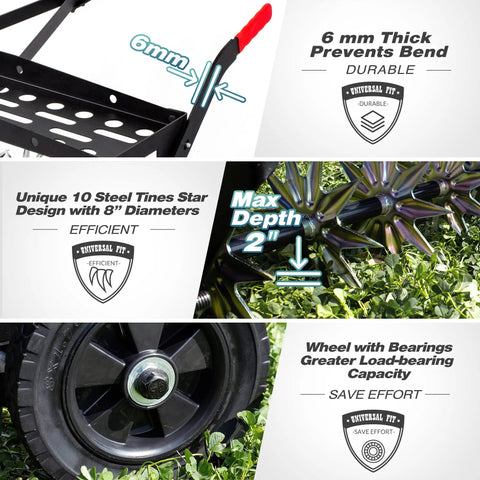 Close-up of 40-Inch Tow Behind Spike Aerator features, showing 6mm thickness, 10 steel tines, 2-inch depth, and wheels with bearings.