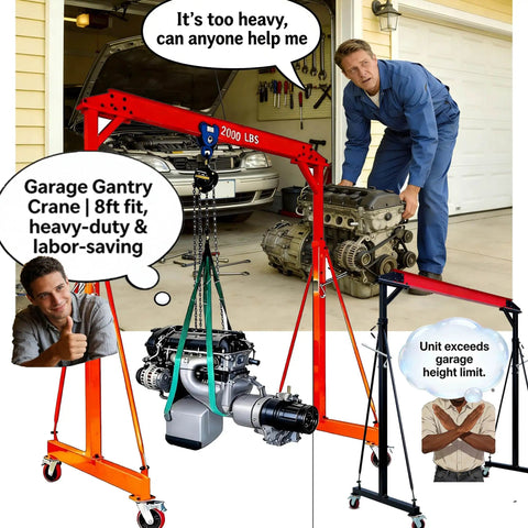 Adjustable Gantry Crane With Trolley And Hoist Heavy Duty 2000 Lbs Capacity in use lifting engine in garage workshop setting.