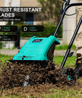 Close-up of Electric Rototiller Garden Tiller With 12 Inch Tilling Width And 8 Inch Cutting Depth, 10.5 Amp Cultivator in use.