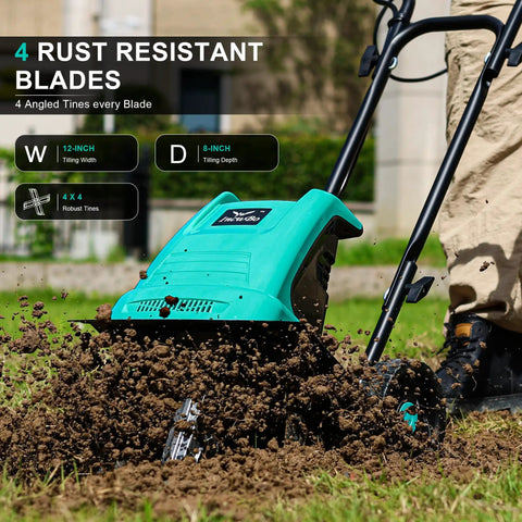 Close-up of Electric Rototiller Garden Tiller With 12 Inch Tilling Width And 8 Inch Cutting Depth, 10.5 Amp Cultivator in use.