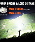 Rechargeable LED Flashlight 90,000LM Beast Bright With LCD Display, lighting up a hillside, handheld outdoor spotlight for camping