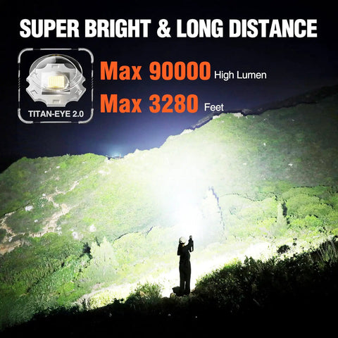 Rechargeable LED Flashlight 90,000LM Beast Bright With LCD Display, lighting up a hillside, handheld outdoor spotlight for camping