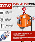 Front view of orange 1100-lb electric hoist winch with hook and lifting chain.