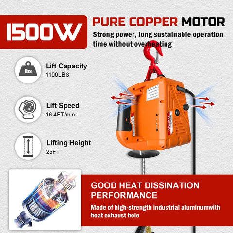 Front view of orange 1100-lb electric hoist winch with hook and lifting chain.