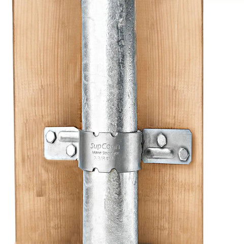 2-3/8 Inch Steel To Wood Fence Brackets Kit with 12 pieces and 48 screws galvanized pipe grip ties mounted on wood