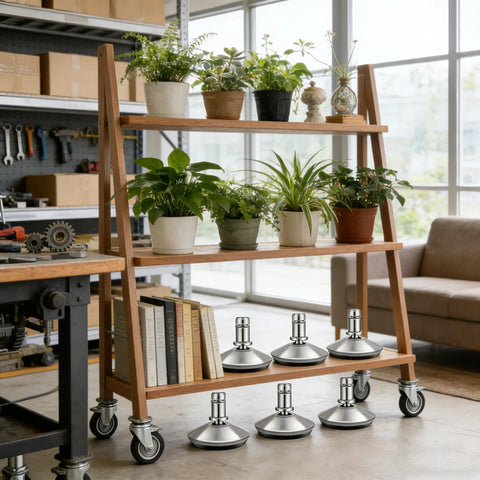 Ditch Those Dang Office Chair Casters With This 5 Pack Of Low Profile Bell Glides on a wooden shelf with plants.