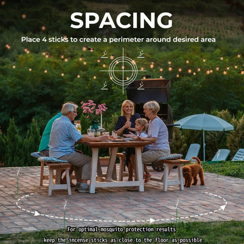Family enjoying outdoor dinner with Outdoor Mosquito Repellent Incense Sticks, 120 Pack With Natural Citronella, Lemongrass And Rosemary Essential Oils, DEET Free, Pet Safe, Creates Mosquito Barrier For Backyard, Patio, Camping, Travel And Indoor Use placed around patio table.
