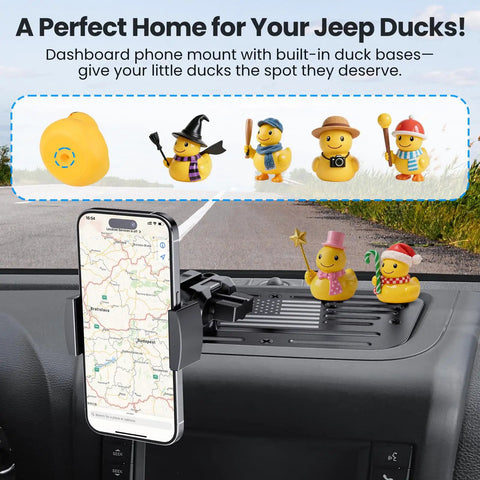 Heavy Duty Metal Phone Mount For Jeep Wrangler JK JKU 2011 To 2018 Dash Holder With ducks and phone installed on dashboard