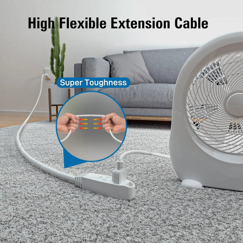 Three Outlet 25 Foot Extension Cord With Heavy Duty 16/3 SJTW 3-Wire Grounded Cable connected to fan in living room