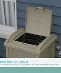 Hideaway Outdoor Trash Can With Lid 30 Gallon Decorative Wicker Style Garbage Bin in dark taupe on patio near house wall