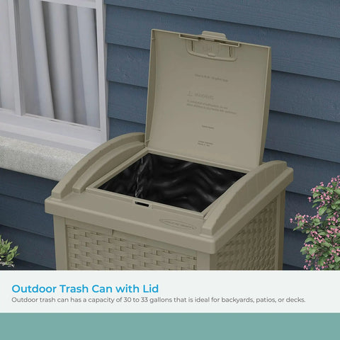 Hideaway Outdoor Trash Can With Lid 30 Gallon Decorative Wicker Style Garbage Bin in dark taupe on patio near house wall
