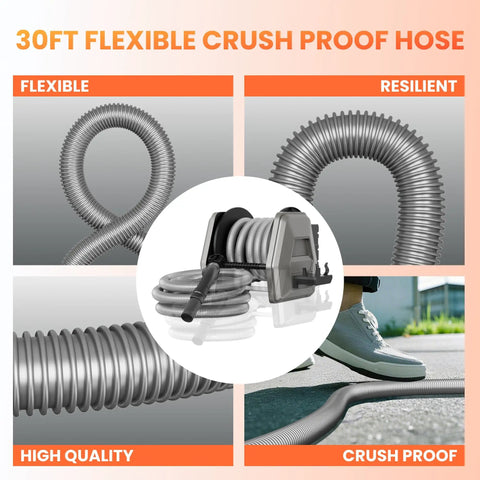 Retractable Vacuum Hose Reel With 30Ft Hose Extension, Wall Mount, 1-1/4 Inch No Kink Replaceable Hose For 32mm Wet Dry Vacuums