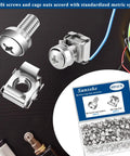 Heavy Duty M6 X 16Mm Rack Mount Screws And Cage Nuts, 45 Piece Solid Hardware Kit For Server Cabinets And Router Shelves, Square Hole Fasteners, No Sweat Rack Install, Silver screws and cage nuts displayed on a black surface.