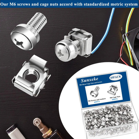 Heavy Duty M6 X 16Mm Rack Mount Screws And Cage Nuts, 45 Piece Solid Hardware Kit For Server Cabinets And Router Shelves, Square Hole Fasteners, No Sweat Rack Install, Silver screws and cage nuts displayed on a black surface.