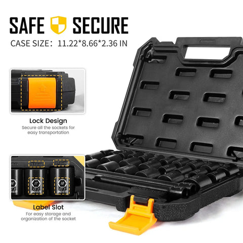 Open case showing 3/8 Inch Drive Impact Socket Set 29 Piece Shallow Socket Kit with lock design and label slots