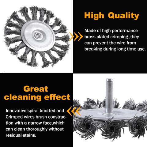 7 Piece Twist Knot Wire Brush Set For Drill With One Quarter Inch Shank Up To 4500 RPM showing high-quality knotted wire brush