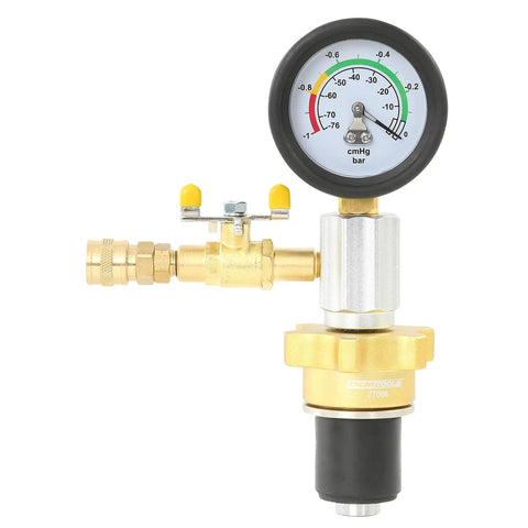 Premium Coolant System Refiller Kit With Three Universal Adapters shows a pressure gauge for coolant air purge.