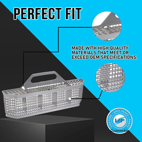 Upgraded Lifetime Silverware Basket Replacement For Dishwashers on black platform, durable design, perfect OEM fit