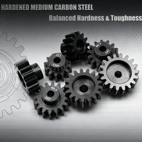 Hardened Carbon Steel RC Pinion Gear Set 5mm Bore, 12T-18T gears displayed, showcasing balanced hardness and toughness.