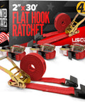 Heavy Duty Red Flat Hook Ratchet Straps Come In A 30 Foot Four Pack With Bull Tight Hold and Top Shelf Strength to Lock Down Trailer Cargo Safe During Rough Work Days Today.