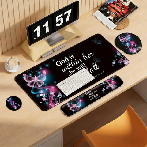 4 In 1 Desk Mat Set With Keyboard And Mouse Pad And Wrist Rest Large Computer Desk Pad For Home Office Purple Butterflies Design